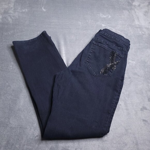 NYDJ Womens Straight Leg Jeans 12 Mid Rise Black Rhinestone Pockets Slimming - Picture 1 of 9